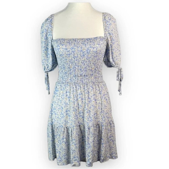 Y2K AEROPOSTALE Floral Mini Dress Blue Tier Off The Shoulder Smock Ditsy S - Picture 2 of 11